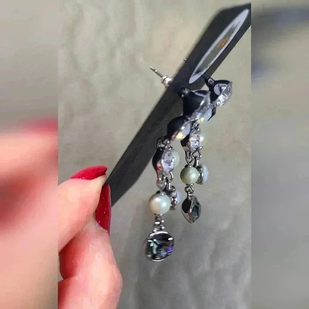 Givenchy crystal fuax opal pearl drop earrings slivertone stud earrings - Picture 10 of 16